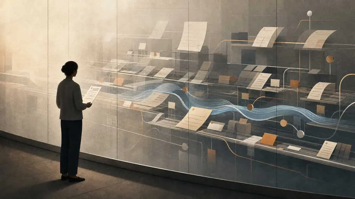 A customer looking through a translucent wall at the operational work happening behind a delayed-value service